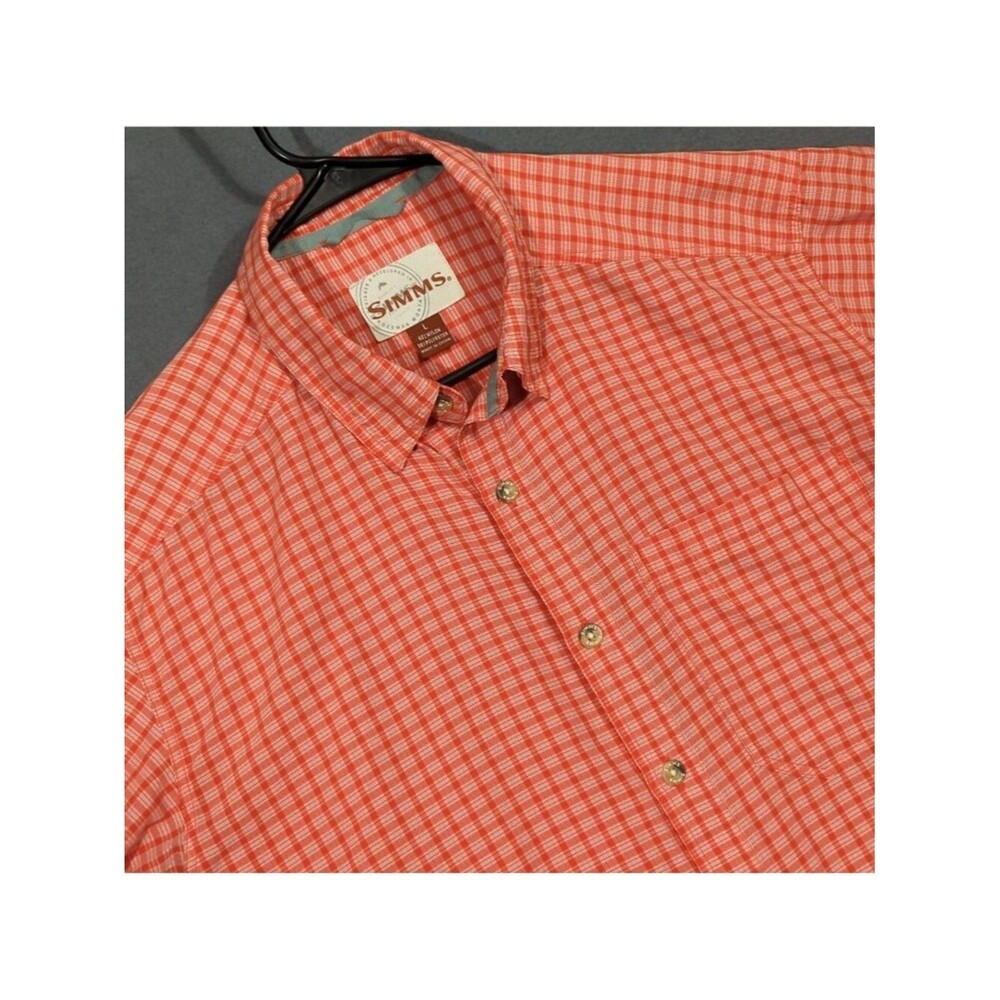 Simms Shirt Men's L Red Short Sleeve Button Up Fishing Outdoor Hiking Flaws